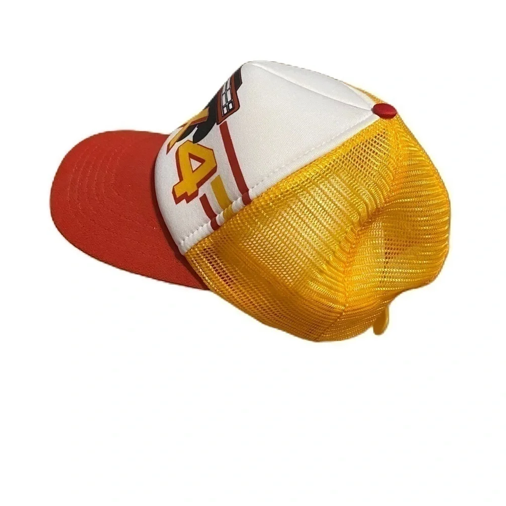 Vintage 4x4 Striped Monster Truck Mesh Back Trucker Hat Yellow Red White Gold